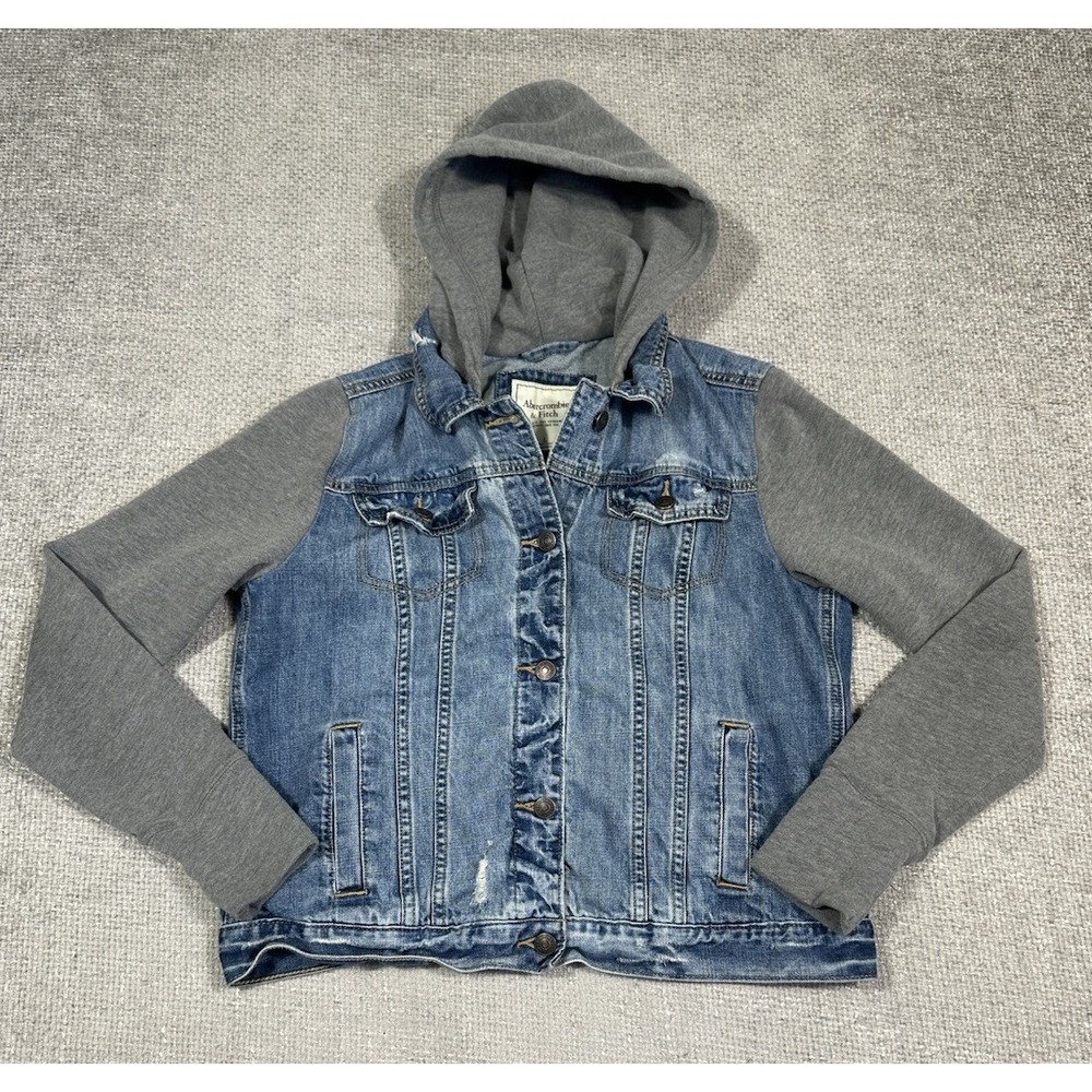 Abercrombie & Fitch Denim Jacket Womens Large Blue Hooded Distressed Y2K